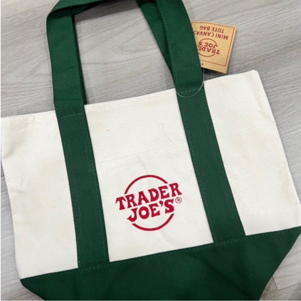 Trader Joe’s Mini Tote Green Small Grocery Shopping Bag Tan Logo